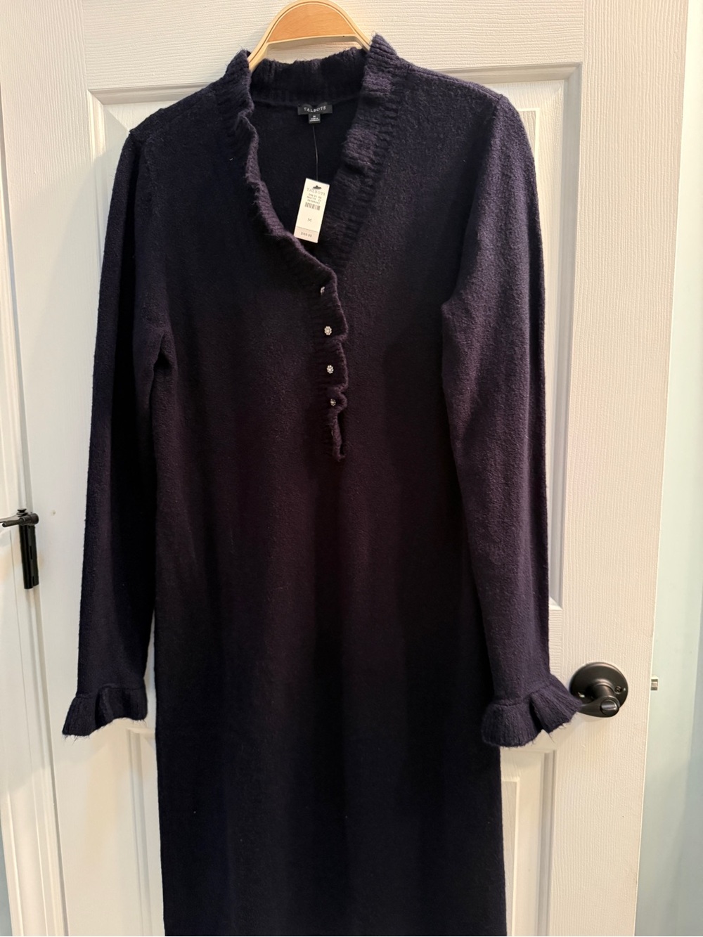Talbots Navy Long-Sleeve Knit Dress with Ruffle Trim
